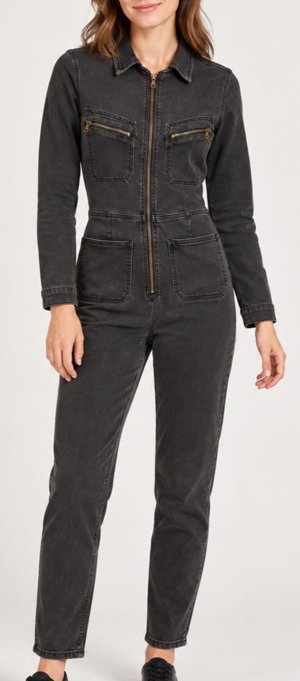 Free People Lennox Denim Jumpsuit Black Utility Boiler Suit Coverall Size Small